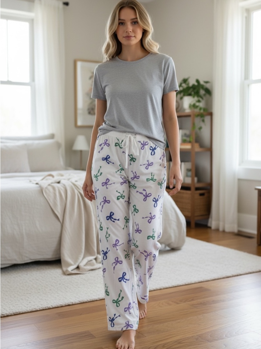 J.Crew White Pajama Pants with Purple & Green Bow Print Size XXS Petite